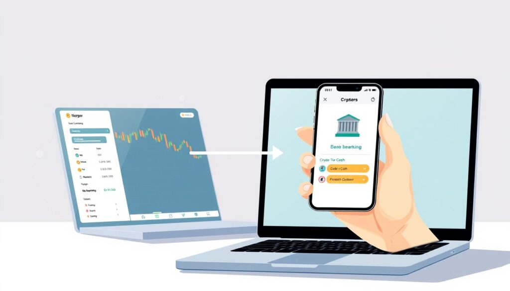 A step-by-step crypto conversion process, captured in a clean, minimalist digital illustration. In the foreground, a laptop displays a cryptocurrency exchange platform, its interface guiding the user through the conversion workflow. In the middle ground, a hand holds a smartphone, with a banking app open, seamlessly integrating the crypto-to-cash transaction. The background features subtle, muted geometric shapes, evoking the digital, interconnected nature of the process. Soft, directional lighting illuminates the scene, creating a sense of clarity and professionalism. The overall mood is one of efficiency, security, and user-friendliness, reflecting the ease of converting cryptocurrency to cash.