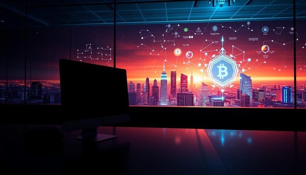 A striking comparison of a traditional centralized application and a decentralized blockchain-based DApp. In the foreground, a sleek, modern office setting with a desktop computer representing the traditional app. In the middle ground, a vibrant, futuristic cityscape with a blockchain node and data flow visualizations for the DApp. The background features an ethereal, glowing grid symbolizing the distributed, transparent nature of the blockchain network. Dramatic lighting casts deep shadows, emphasizing the contrast between the rigid, hierarchical structure of the traditional app and the open, decentralized architecture of the DApp. Shot with a wide-angle lens to capture the full scope of the scene, the image conveys the power and potential of decentralized applications.