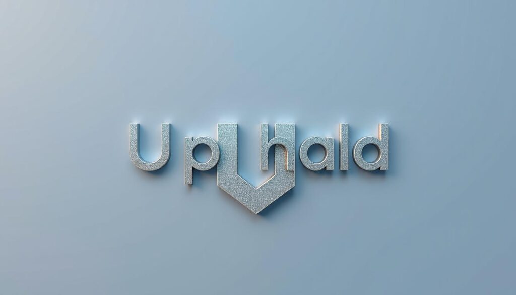 A striking, high-resolution render of the Uphold cryptocurrency wallet logo, prominently displayed against a sleek, minimalist background. The logo is rendered in a gleaming, metallic texture, with intricate details and lighting effects that convey a sense of sophistication and reliability. The background is a subtle, gradient-based design, using muted tones of blue and gray to create a calm, professional atmosphere. The overall composition is well-balanced, with the Uphold logo occupying a central position and commanding the viewer's attention. The image effectively communicates the wallet's multi-asset capabilities, including support for cryptocurrency, precious metals, and fiat currencies.