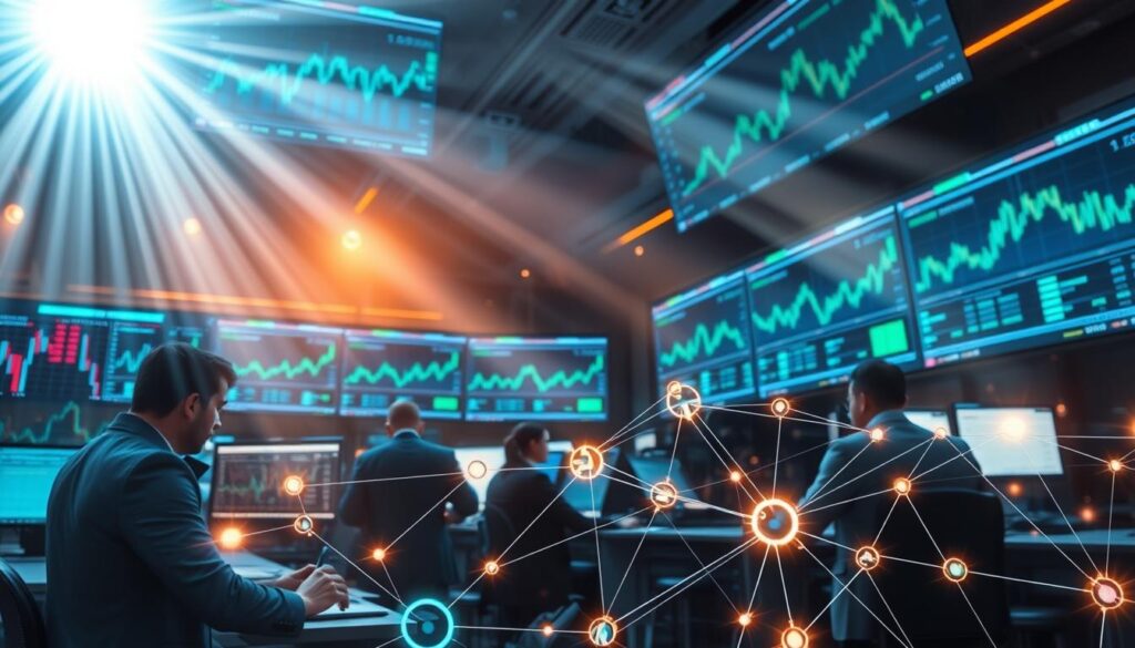 A striking scene of a cryptocurrency exchange, with traders and analysts intently focused on digital charts and graphs projected on large screens. Rays of light stream through the windows, casting a warm, dynamic glow on the busy trading floor. In the foreground, a complex web of interconnected liquidity pools and market maker order books pulsate with real-time transaction activity, visually representing the ebb and flow of digital asset trading volume. The atmosphere is one of intense concentration and purposeful activity, underscoring the critical role that liquidity plays in the efficient functioning of the crypto markets.