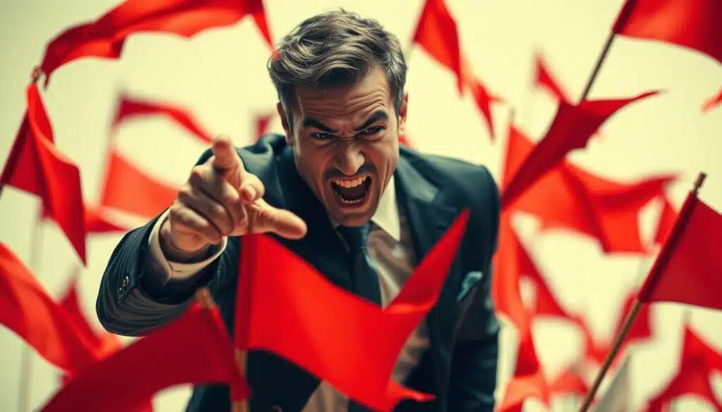 A striking scene of high-pressure sales tactics, captured in a dynamic, high-contrast image. In the foreground, a suited salesperson gestures emphatically, their face twisted in an exaggerated expression of urgency. Surrounding them, a swarm of red flags - jagged, angular shapes that convey a sense of warning and danger. The background is blurred, creating a sense of focus on the central figures. The lighting is harsh, casting sharp shadows and highlighting the tension of the moment. The overall composition suggests a high-stakes, high-intensity environment, where the viewer is confronted with the red flags of an untrustworthy investment opportunity.