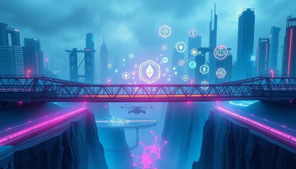 A stunning crypto bridge illustration depicting a futuristic interoperability hub connecting multiple blockchain networks. In the foreground, a sleek, metallic bridge structure spans across a glowing, neon-lit chasm, representing the seamless transfer of digital assets between Ethereum, Polygon, and Solana. The bridge's design features intricate geometric patterns and pulsing energy lines, symbolizing the complex technological framework enabling cross-chain interactions. In the middle ground, holographic representations of various cryptocurrency tokens and NFTs float ethereally, emphasizing the bridge's role in facilitating the exchange of digital assets. The background is shrouded in a hazy, cyberpunk-inspired cityscape, with skyscrapers and futuristic architecture, conveying the sense of a thriving, interconnected blockchain ecosystem. The overall mood is one of innovation, progress, and the boundless potential of crypto interoperability.