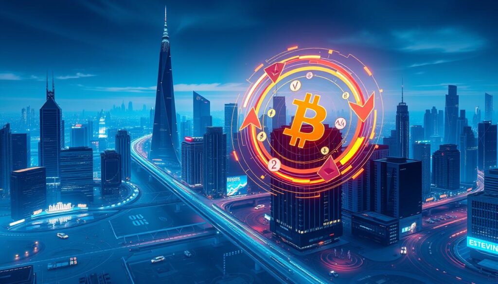 A stunning visualization of the cyclical nature of the cryptocurrency market. In the foreground, a dynamic graph depicting the rise and fall of digital asset values, rendered with a blend of vibrant colors and clean lines. In the middle ground, a series of iconic crypto symbols - Bitcoin, Ethereum, and others - swirling and interacting to symbolize the interconnectedness of the market. In the backdrop, a futuristic cityscape with towering skyscrapers and neon-lit streets, bathed in a cool, ethereal light that evokes the technological and innovative essence of the crypto world. The overall composition conveys a sense of the perpetual ebb and flow of the market, inviting the viewer to explore the nuances of these cyclical patterns.