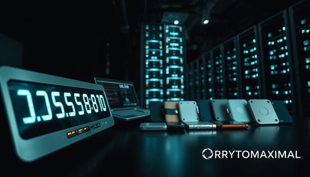 A stylized, high-contrast image of key tools for crypto trading, set against a dark, moody background. In the foreground, a sleek, brushed-metal cryptocurrency ticker display, its numbers flashing rapidly. Beside it, a futuristic-looking trading terminal with multiple screens and touch controls. In the middle ground, an array of hardware wallets, each in a different metallic finish. In the background, a towering data center, its server racks and blinking lights casting an ethereal glow. The overall scene evokes a sense of power, precision, and the cutting edge of financial technology. Lighting is dramatic, with strong shadows and highlights. CRYPTOMAXIMAL logo prominently displayed in the bottom right corner.