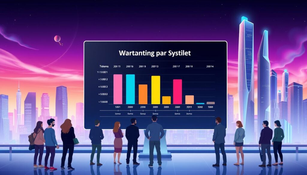 A stylized illustration depicting the concept of a vesting period. In the foreground, a group of diverse individuals stand before a sleek, minimalist interface displaying a token unlock schedule. The middle ground features a series of colored bars and timelines, visualizing the gradual unlocking of tokens over time. In the background, a futuristic cityscape with gleaming skyscrapers and a vibrant, neon-tinged sky sets the scene. The overall composition conveys a sense of progress, transparency, and the systematic unfolding of a crypto token's unlock schedule.