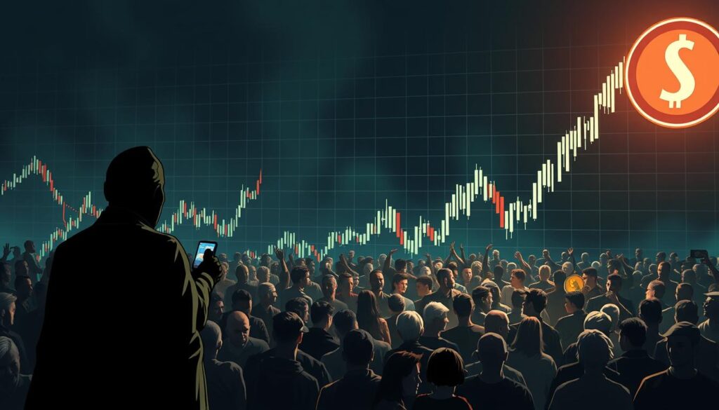 A stylized, photorealistic illustration of a cryptocurrency "pump and dump" scheme. In the foreground, a shadowy figure orchestrates the manipulation, pushing up the price of a digital coin through false hype and misleading information. In the middle ground, a crowd of eager investors clamor to buy in, driven by the promise of easy profits. The background depicts a rapidly fluctuating price chart, the value spiking and crashing as the scheme unfolds. Dramatic lighting casts an ominous, unnatural glow, heightening the sense of deception and greed. The overall mood is one of financial predation, where the unsuspecting are exploited for personal gain.