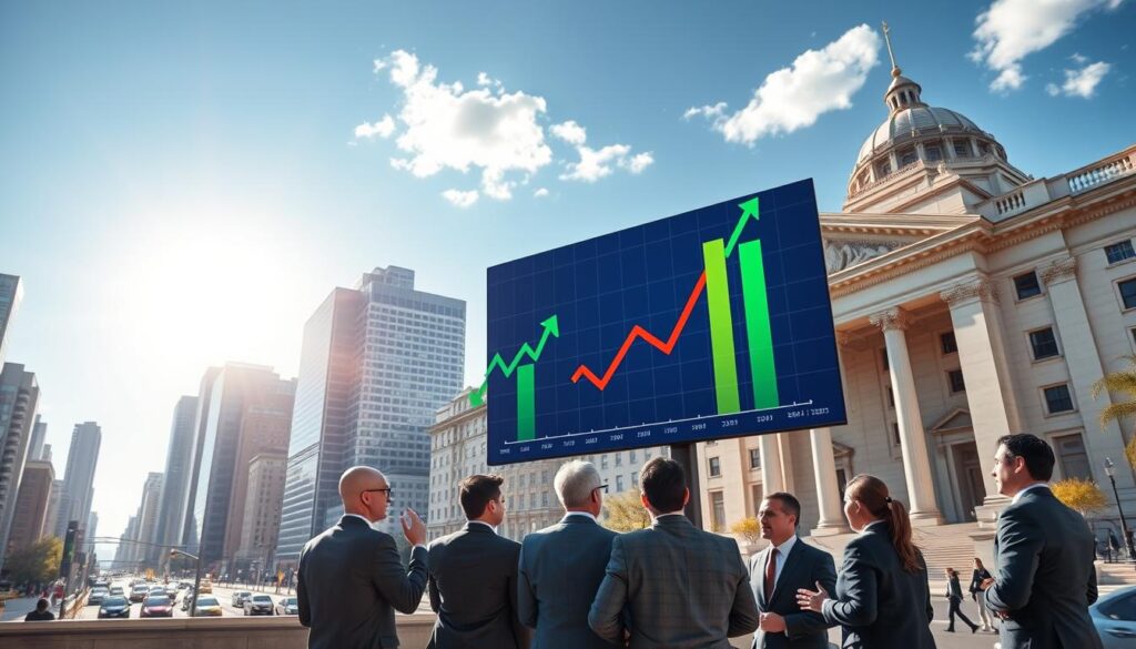 A sun-drenched cityscape, with towering skyscrapers and bustling streets. In the foreground, a group of business professionals in suits and ties engaged in a lively discussion, gesturing animatedly. The middle ground features a large digital screen displaying a graph of cryptocurrency prices, with green and red arrows indicating upward and downward trends. In the background, a government building with an elegant facade, symbolizing the regulatory institutions overseeing the crypto market. The scene conveys a sense of optimism and clarity, as the professionals navigate the evolving landscape of cryptocurrency regulations.