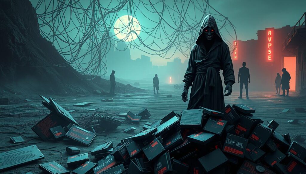 A surreal, dystopian scene depicting various NFT scams. In the foreground, a sinister figure wearing a hooded robe and a nefarious grin stands atop a pile of discarded, glitchy NFT artworks. Behind them, a tangled web of malicious code and broken crypto wallets sprawls across a desolate, neon-tinged landscape. In the distance, silhouettes of unsuspecting victims are lured into dark alleyways by false promises of wealth and fame. The overall atmosphere conveys a sense of digital deception, greed, and the harsh realities of the unregulated NFT market.
