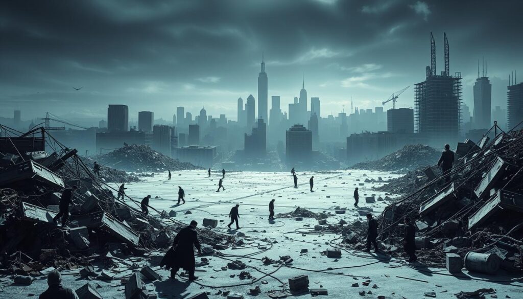 A surreal landscape depicting different "rug pull" scenarios in the digital collectibles market. In the foreground, a tangled web of broken promises and shattered dreams, with figures representing unsuspecting investors stumbling amidst the wreckage. In the middle ground, a ominous void where a once-promising NFT project has vanished, leaving only the silhouettes of the developers in their wake. The background is a dystopian cityscape, its skyscrapers crumbling and its streets empty, symbolizing the collapse of the false promises and hype that fueled the rug pull. The scene is illuminated by a cold, harsh light, casting long shadows and conveying a sense of unease and disillusionment. The overall mood is one of cautionary tale, a stark warning to those seeking to navigate the treacherous waters of the digital collectibles market.