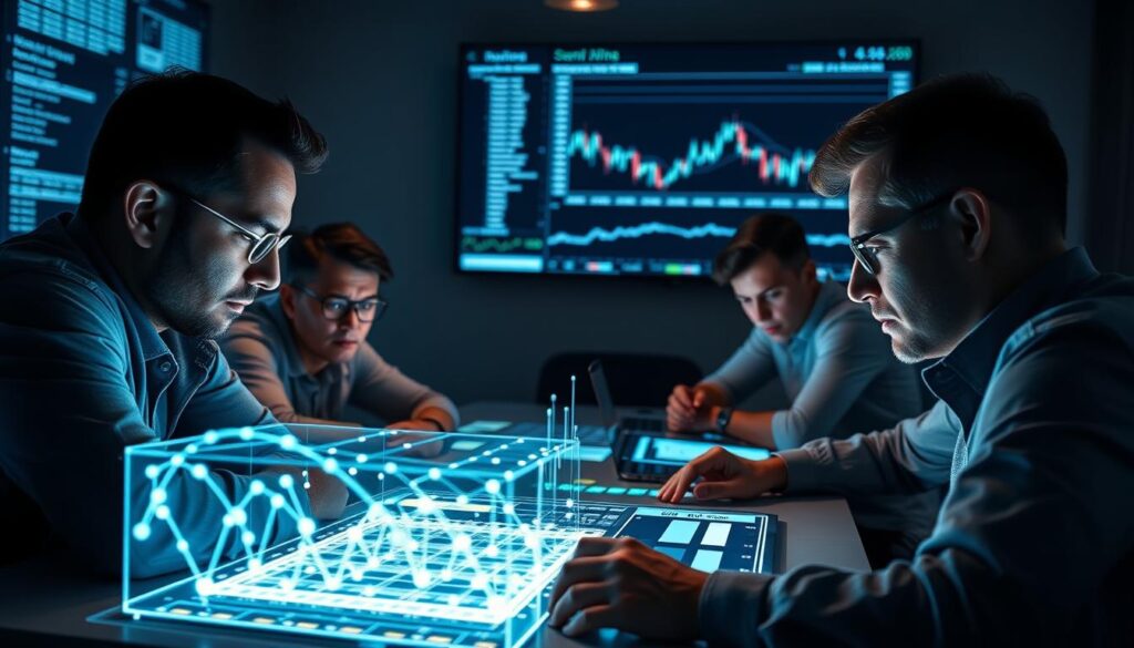 A team of crypto analysts sit around a conference table, engrossed in data-filled holographic displays. The foreground features their focused expressions, brows furrowed in deep thought as they pore over financial metrics and project roadmaps. The middle ground shows a 3D model of a blockchain network pulsing with activity. In the background, a wall-sized screen displays real-time market data, casting a cool glow over the scene. The lighting is low and dramatic, conveying a sense of serious, high-stakes deliberation. The camera angle is slightly elevated, giving an overview of the analysts' collaborative workflow.