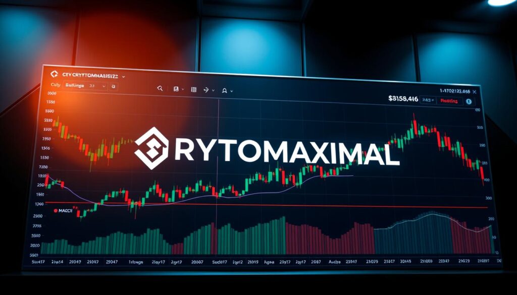 A technical analysis dashboard with real-time cryptocurrency data, displaying a variety of technical indicators such as moving averages, MACD, RSI, and Bollinger Bands. The dashboard is set against a sleek, futuristic backdrop with a dark color scheme, creating a sense of precision and sophistication. The CRYPTOMAXIMAL logo is prominently displayed, casting a soft glow over the dashboard. The scene is illuminated by a warm, focused light, highlighting the intricate details of the indicators and creating a sense of depth and atmosphere.