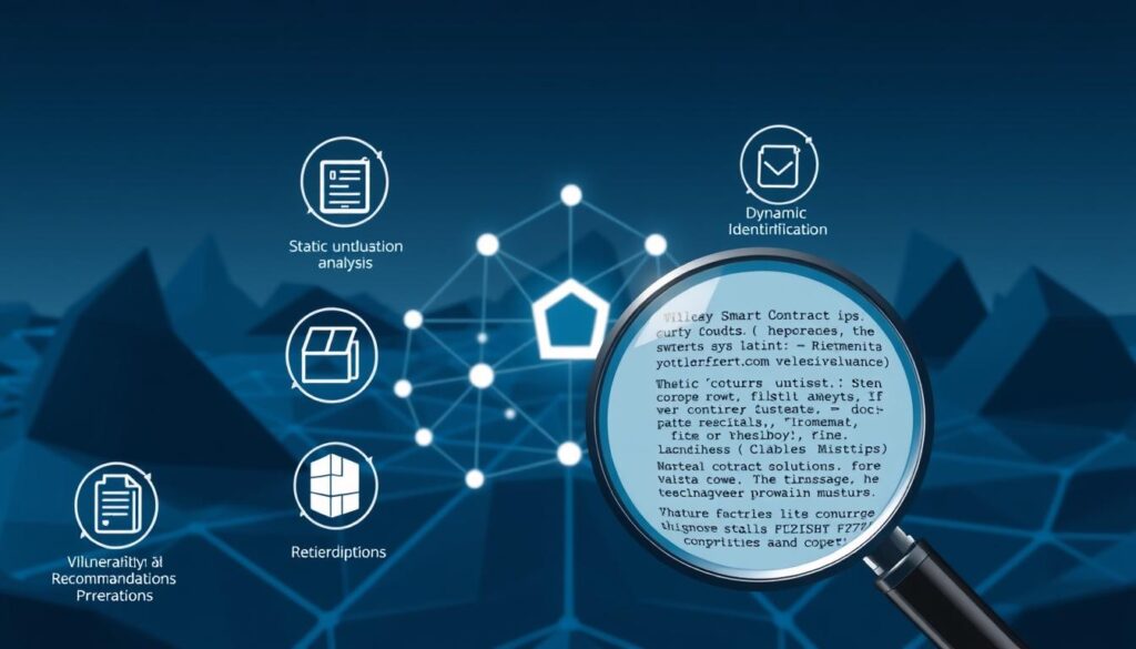 A technical illustration depicting the distinct phases of a smart contract security audit. In the foreground, a magnifying glass inspects the intricate code of a smart contract, surrounded by icons representing key steps in the auditing process - static analysis, dynamic testing, vulnerability identification, and remediation recommendations. The middle ground features a network of interconnected blockchain nodes, symbolizing the complex ecosystem in which smart contracts operate. The background is set against a futuristic, geometric landscape, conveying the cutting-edge nature of this field. Soft, directional lighting casts an authoritative, yet approachable tone, while the composition and perspective evoke a sense of depth and professionalism.
