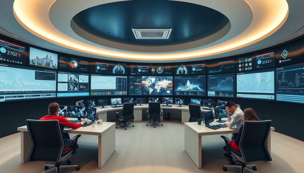 A technologically-advanced control room with a curved, panoramic display showcasing real-time data visualizations and live video feeds. Sleek, minimalist desks and ergonomic chairs create a professional, efficient atmosphere. Soft, indirect lighting casts a warm, focused glow, emphasizing the concentration of the analysts monitoring the systems. Sophisticated software interfaces and cutting-edge monitoring tools fill the screens, providing a comprehensive view of digital trends and social media sentiment in the cryptocurrency market. An air of intense focus and diligence permeates the scene, reflecting the critical importance of staying ahead of the curve in this fast-paced, ever-evolving landscape.