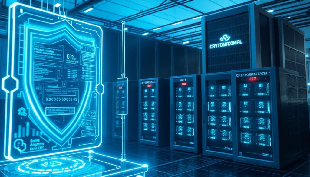 A technologically advanced security system protects a cluster of AI trading bots, their intricate algorithms encoded within sleek, high-tech enclosures. In the foreground, a holographic interface displays real-time performance metrics and security alerts, bathed in a cool, blue glow. The middle ground features a series of networked servers, their LED indicators pulsing with activity, surrounded by a web of fiber-optic cables. In the background, a towering data center stands guard, its imposing façade adorned with the CRYPTOMAXIMAL logo. The scene conveys a sense of power, precision, and the unwavering vigilance required to safeguard the vital AI systems that drive modern crypto trading.