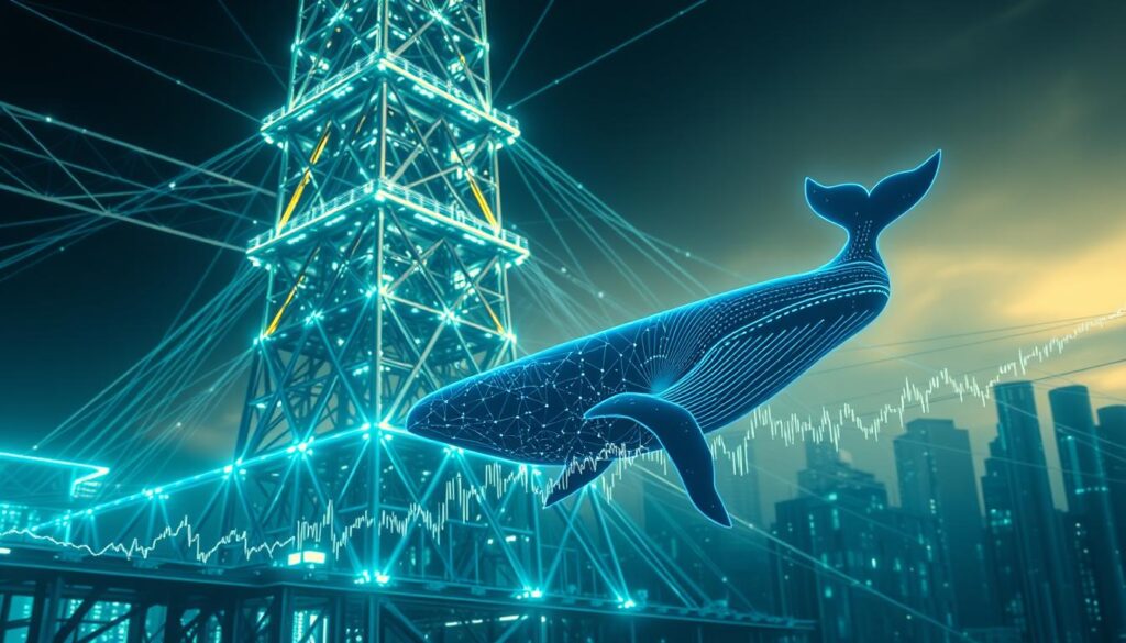 A towering blockchain infrastructure dominates the frame, its intricate web of transactions and data flows illuminated by a soft, ambient light. In the foreground, a whale-shaped data visualization pulses, its movements tracked and analyzed against the backdrop of the blockchain's complex mechanics. The scene conveys a sense of power, scale, and the sheer scope of whale activity within the cryptocurrency ecosystem. Subtle hues of blue and green lend an air of technological sophistication, while the overall composition balances the grand, systemic view with the specific focus on whale-driven market dynamics.