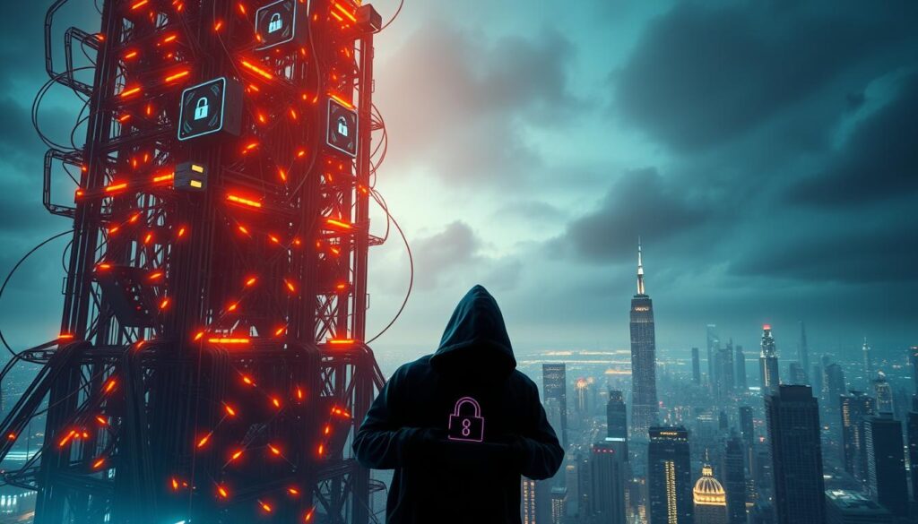 A towering blockchain structure, its intricate circuits and networks vulnerable to cyber threats, cast in ominous lighting. In the foreground, a shadowy figure hacking into the system, their digital tools and interfaces glowing ominously. The background depicts a futuristic cityscape, hinting at the broader implications of blockchain security breaches. The scene conveys a sense of impending danger and the urgent need to address the critical vulnerabilities in this emerging technology.