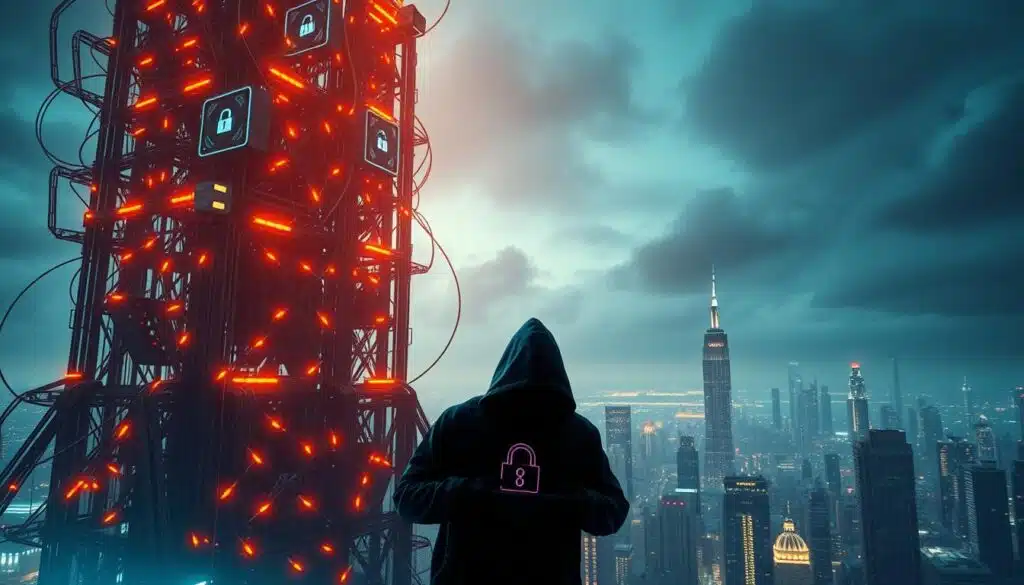 A towering blockchain structure, its intricate circuits and networks vulnerable to cyber threats, cast in ominous lighting. In the foreground, a shadowy figure hacking into the system, their digital tools and interfaces glowing ominously. The background depicts a futuristic cityscape, hinting at the broader implications of blockchain security breaches. The scene conveys a sense of impending danger and the urgent need to address the critical vulnerabilities in this emerging technology.