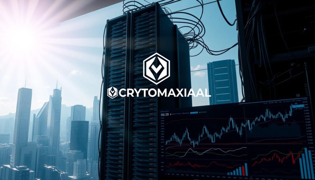 A towering data center, its sleek servers stacked high, casts a dramatic shadow across a cityscape of skyscrapers. Surrounded by a web of cables, the CRYPTOMAXIMAL logo glows with a subtle radiance. In the foreground, a financial dashboard displays cascading charts and graphs, reflecting the dynamic, ever-evolving nature of the AI-driven trading algorithms. Beams of light pierce through the windows, illuminating the hustle and bustle of a world where technology and finance converge, pushing the boundaries of what's possible in the pursuit of algorithmic trading dominance.