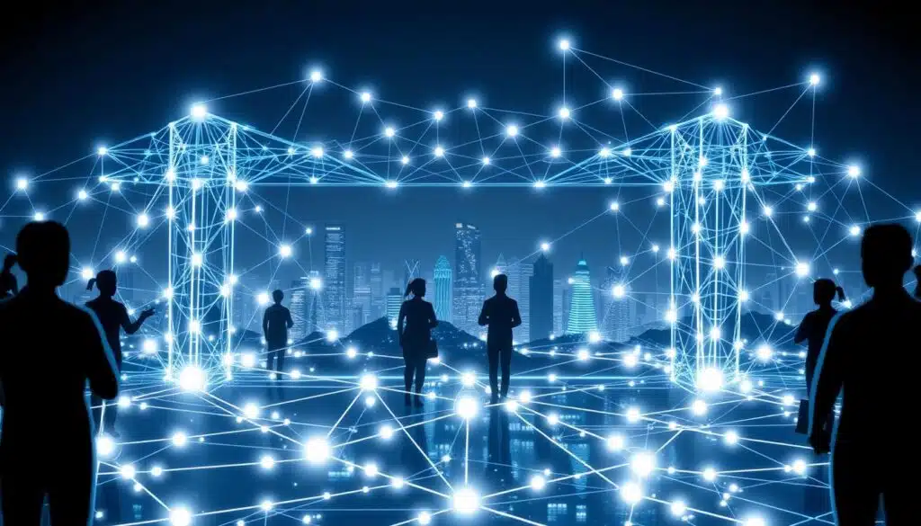 A transparent blockchain network with participants engaged in secure, verifiable transactions. The foreground features stylized digital avatars representing users, their interactions visualized as glowing data streams. The middle ground showcases a complex, interconnected blockchain infrastructure, its inner workings illuminated by a soft, futuristic glow. The background depicts a sleek, minimalist cityscape, hinting at the real-world applications of this transformative technology. The lighting is crisp and directional, casting dramatic shadows and highlights to convey a sense of depth and technological sophistication. The overall tone is one of innovation, transparency, and the seamless integration of blockchain into the modern business landscape.