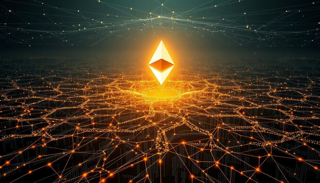 A vast, awe-inspiring landscape of Ethereum blockchain contracts, each a gleaming pillar of decentralized trust. The foreground features a labyrinth of smart contract code, lines of ethereal script dancing across the screen. In the middle ground, a towering Ethereum logo casts an ethereal glow, a beacon of innovation amidst a sea of cryptographic signatures. The background depicts a sprawling network of nodes, their interconnected pathways tracing the decentralized web of the Ethereum ecosystem. The scene is illuminated by a warm, ambient light, conveying the power and elegance of this pioneering decentralized contracts platform.