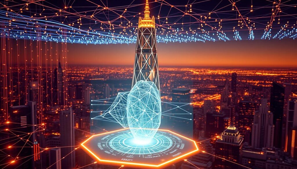 A vast blockchain network, its fractional NFT nodes pulsing with digital verification data. In the foreground, a sleek, holographic interface displays a fractional ownership diagram, its intricate lines and shapes representing the intricate web of decentralized transactions. The middle ground showcases a towering blockchain tower, its faceted surface reflecting the interplay of light and shadow, symbolizing the robust infrastructure underpinning this revolutionary asset class. In the background, a sprawling cityscape recedes into the distance, hinting at the vast potential of this technology to transform real estate investment strategies. The scene is bathed in a warm, techno-futuristic glow, conveying a sense of innovation, security, and promise.