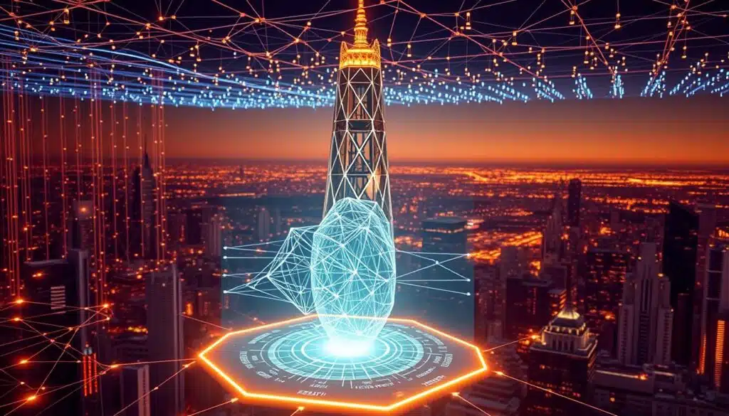 A vast blockchain network, its fractional NFT nodes pulsing with digital verification data. In the foreground, a sleek, holographic interface displays a fractional ownership diagram, its intricate lines and shapes representing the intricate web of decentralized transactions. The middle ground showcases a towering blockchain tower, its faceted surface reflecting the interplay of light and shadow, symbolizing the robust infrastructure underpinning this revolutionary asset class. In the background, a sprawling cityscape recedes into the distance, hinting at the vast potential of this technology to transform real estate investment strategies. The scene is bathed in a warm, techno-futuristic glow, conveying a sense of innovation, security, and promise. A vast blockchain network, its fractional NFT nodes pulsing with digital verification data. In the foreground, a sleek, holographic interface displays a fractional ownership diagram, its intricate lines and shapes representing the intricate web of decentralized transactions. The middle ground showcases a towering blockchain tower, its faceted surface reflecting the interplay of light and shadow, symbolizing the robust infrastructure underpinning this revolutionary asset class. In the background, a sprawling cityscape recedes into the distance, hinting at the vast potential of this technology to transform real estate investment strategies. The scene is bathed in a warm, techno-futuristic glow, conveying a sense of innovation, security, and promise.