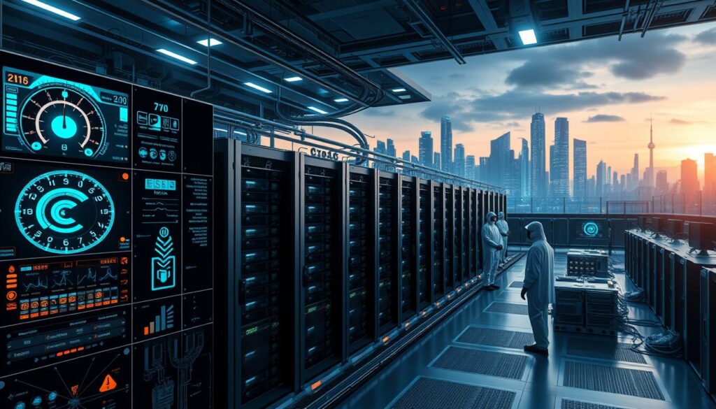A vast data center with rows of sleek, futuristic mining rigs illuminated by cool, ambient lighting. In the foreground, an AI control panel with holographic displays, dials, and readouts optimizing energy consumption, hash rates, and network connectivity. The middle ground features a network of cables, cooling systems, and workers in clean-room suits monitoring the mining operations. In the background, a cityscape skyline with towering skyscrapers and glowing neon accents, symbolizing the urban infrastructure supporting this advanced AI-driven mining system.