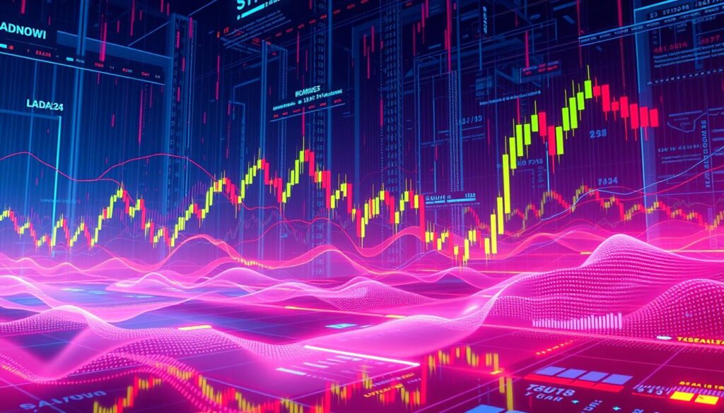 A vast digital landscape of cascading candlestick charts, reflecting the ebb and flow of cryptocurrency trading volume. Vibrant colors and dynamic lines pulsate, charting the pulse of the crypto market. In the foreground, sleek holographic displays showcase real-time trading data, illuminating the pulse of the industry. Soft, ambient lighting casts a futuristic glow, while a complex network of algorithms and data streams weave in the background, powering the intricate mechanics of the crypto trading ecosystem. Amidst the technological wonder, a sense of anticipation and anticipation hangs in the air, capturing the essence of this rapidly evolving financial frontier.