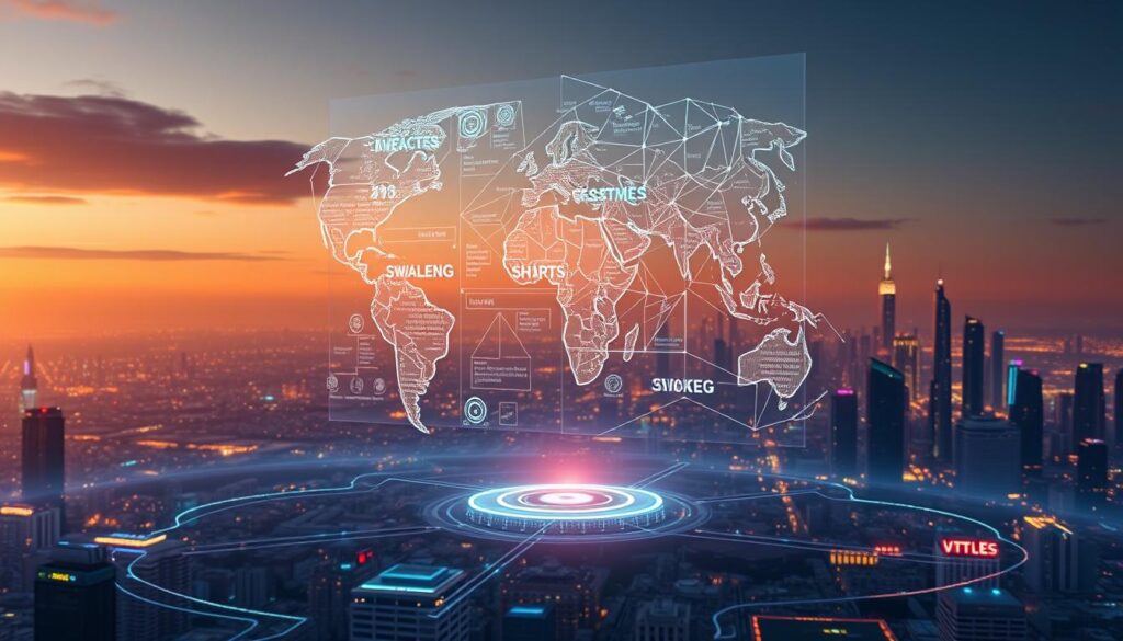 A vast digital landscape unfolds, illuminated by a soft, warm glow. In the foreground, a holographic display projects a set of dynamic, interlocking rules and regulations, their intricate connections representing the global framework for digital asset management. The midground features an array of futuristic devices and interfaces, signifying the diverse ecosystem of virtual financial services. In the background, a cityscape of towering, cyber-infused skyscrapers stands as a testament to the integration of these regulations into the modern digital economy. The scene conveys a sense of order, security, and the seamless integration of digital assets into the fabric of our increasingly interconnected world.