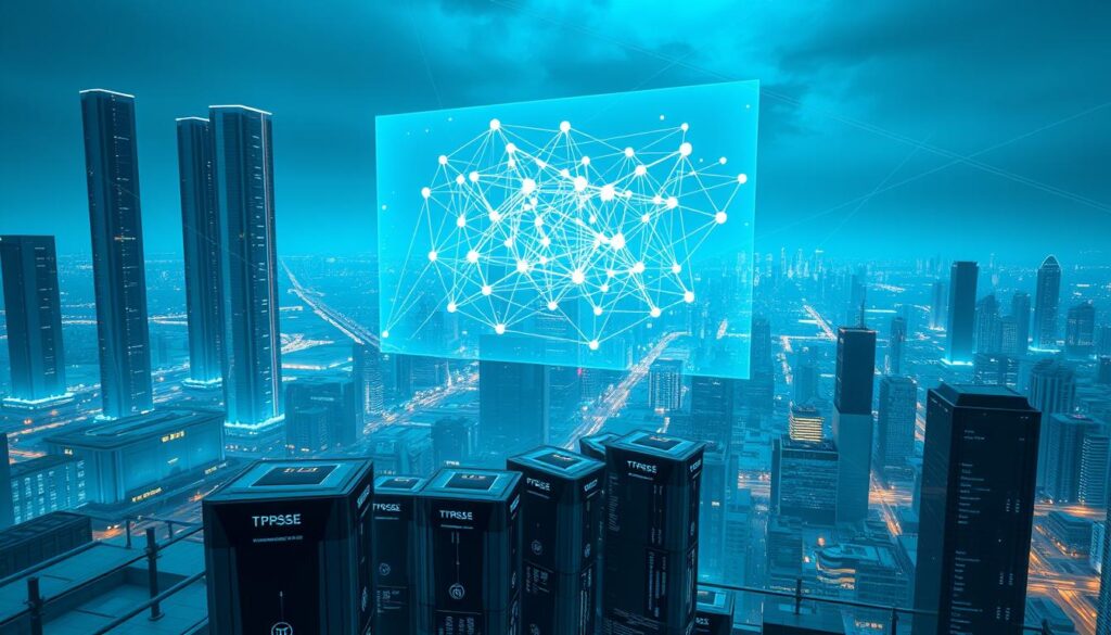 A vast, futuristic cityscape of gleaming skyscrapers and interconnected technology, bathed in a cool, neon-tinged lighting. In the foreground, a cluster of sleek, angular blockchain nodes and data servers, their screens displaying complex algorithms and financial data flows. Floating above them, a holographic visualization of a decentralized finance protocol, its interlocking systems and smart contracts forming a intricate, pulsing network. In the background, a panoramic view of the city, its streets and infrastructure melding seamlessly with the digital realm. The overall scene conveys a sense of innovation, efficiency, and the seamless integration of the physical and virtual worlds.