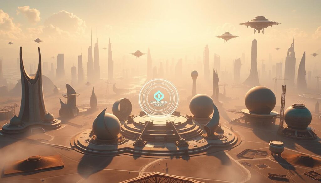A vast, futuristic landscape with leading metaverse platforms prominently displayed. In the foreground, a cluster of sleek, architectural structures representing virtual worlds like Decentraland, Sandbox, and Somnium Space. The middle ground features a holographic display showcasing the interconnectivity and interoperability between these platforms. In the background, a sweeping skyline of towering, neon-lit skyscrapers, with floating islands and hovercraft adding a sense of dynamic movement. The scene is illuminated by a warm, diffused lighting, creating a vibrant, almost cinematic atmosphere. The overall composition conveys the scale, innovation, and collaborative nature of the metaverse ecosystem.