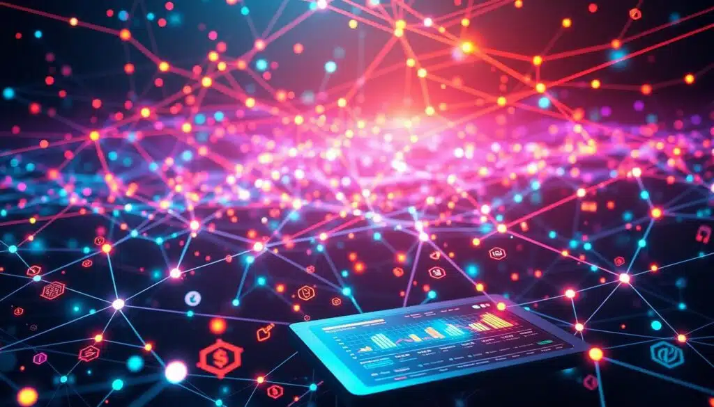 A vast, glowing network of interconnected liquidity pools, shimmering with the vibrant colors of the DeFi ecosystem. In the foreground, stylized icons and symbols representing various DeFi protocols and platforms dance across the screen, their movements mirroring the ebb and flow of digital assets. The middle ground features a sleek, futuristic interface, allowing users to navigate the complex web of decentralized finance. In the background, a kaleidoscope of data visualizations and charts illustrates the depth and breadth of the DeFi landscape, creating a sense of depth and dynamism. Warm, ambient lighting bathes the scene, conveying a sense of stability and reliability within the ever-evolving world of decentralized finance.