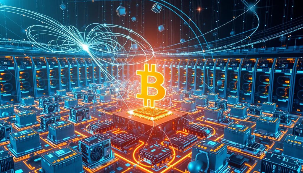 A vast, holographic depiction of the Bitcoin blockchain network. In the foreground, a towering, luminous node representing the core protocol, surrounded by a swirling constellation of transactions. In the middle ground, interconnected blocks radiate outward, their surfaces rippling with complex cryptographic data. The background is a shimmering, three-dimensional landscape of mining rigs, their cooling fans whirring and lights blinking in a rhythmic cadence. The overall scene is bathed in a cool, azure glow, conveying the technical elegance and computational power that underpins the world's premier decentralized digital currency.