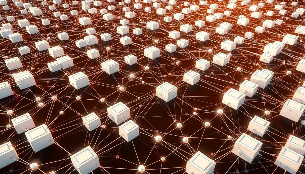 A vast, interconnected network of blockchain ledgers, each node a gleaming white block connected by sleek, metallic lines. Intricately woven data flows like rivers of digital energy, pulsing with the rhythmic exchange of transactions. The scene is bathed in a warm, soft light, casting long shadows that create a sense of depth and dimensionality. The overall atmosphere is one of order, efficiency, and technological sophistication, reflecting the power and potential of blockchain technology for business applications.