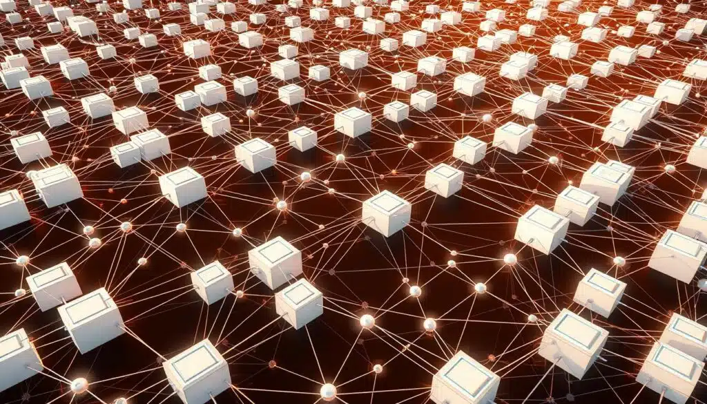 A vast, interconnected network of blockchain ledgers, each node a gleaming white block connected by sleek, metallic lines. Intricately woven data flows like rivers of digital energy, pulsing with the rhythmic exchange of transactions. The scene is bathed in a warm, soft light, casting long shadows that create a sense of depth and dimensionality. The overall atmosphere is one of order, efficiency, and technological sophistication, reflecting the power and potential of blockchain technology for business applications.