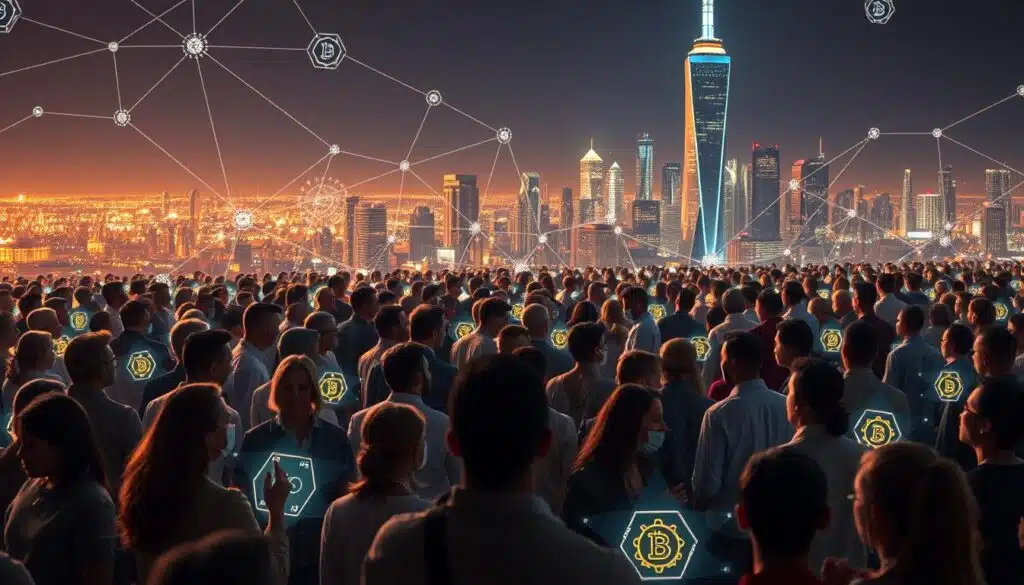 A vast, interconnected network of decentralized finance protocols, each with its own governance token that enables stakeholders to collectively steer the platform's future. In the foreground, a diverse array of individuals engaged in lively discussion, their faces illuminated by the soft glow of holographic displays. In the middle ground, an intricate web of smart contracts, algorithms, and decentralized decision-making processes. In the background, a towering, futuristic cityscape symbolizing the scale and ambition of the DeFi ecosystem. The scene conveys a sense of empowerment, collaboration, and the transformative potential of decentralized governance.