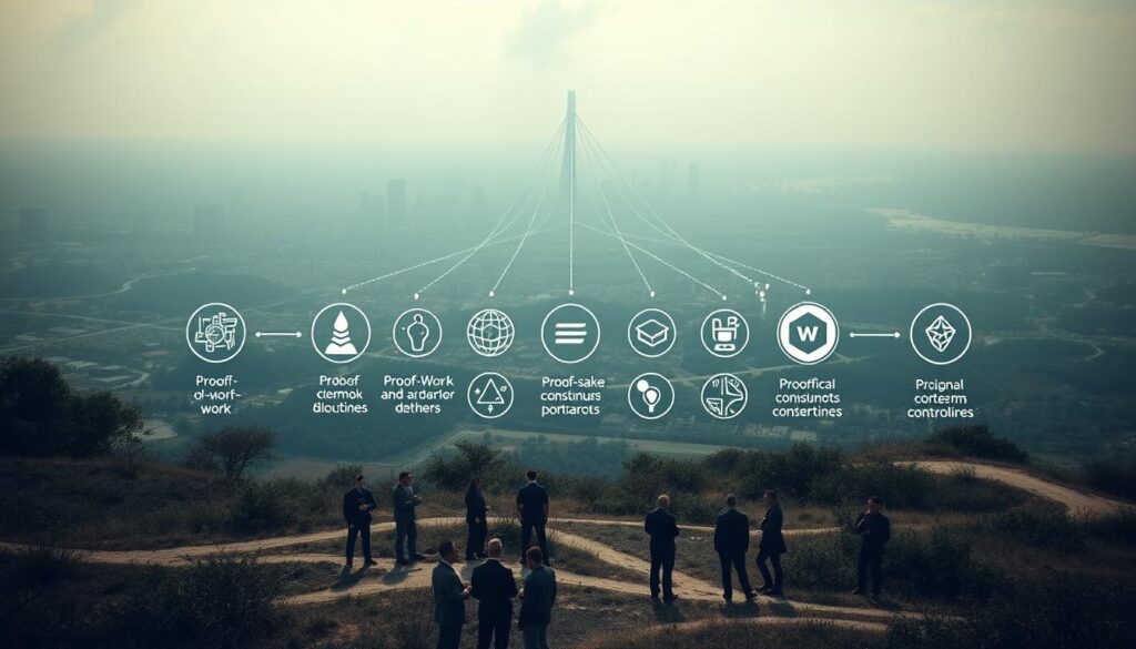 A vast landscape showcases the diverse consensus mechanisms of blockchain. In the foreground, a group of nodes engage in a lively discussion, representing the collaborative nature of these algorithms. The middle ground features visual metaphors for proof-of-work, proof-of-stake, and other consensus protocols, each with its own unique symbols and design. The background is a futuristic cityscape, hinting at the widespread integration of these technologies. Soft lighting, a slightly hazy atmosphere, and a sense of depth create a contemplative and informative mood, inviting the viewer to explore the intricacies of blockchain consensus.