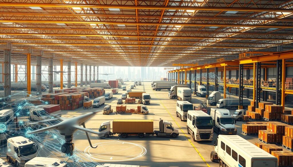 A vast logistics hub, bustling with activity as blockchain-powered systems coordinate the flow of goods. In the foreground, a network of interconnected devices and smart contracts track shipments in real-time, ensuring transparency and efficiency. In the middle ground, autonomous drones and self-driving vehicles seamlessly integrate with the blockchain, optimizing delivery routes and reducing delays. In the background, towering warehouses and distribution centers stand as monuments to the power of blockchain technology to transform supply chain management, creating a future where logistics is streamlined, secure, and responsive to the needs of businesses and consumers alike. Bright, airy lighting and a warm, futuristic atmosphere convey the promise of this emerging technology.