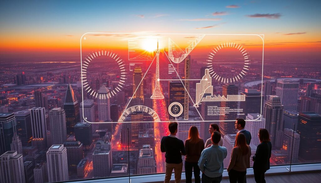A vast, modern cityscape stretches out below, its towering skyscrapers and bustling streets illuminated by a warm, golden sunset. In the foreground, a group of people gathers around a sleek, holographic display, engrossed in its interactive visualization of fractional ownership opportunities. The display showcases intricate, shimmering data visualizations, representing the diverse range of real estate assets available for fractionalized investment. The scene conveys a sense of accessibility, transparency, and the empowerment of everyday investors to participate in previously exclusive markets, enabled by the innovative intersection of technology and finance.