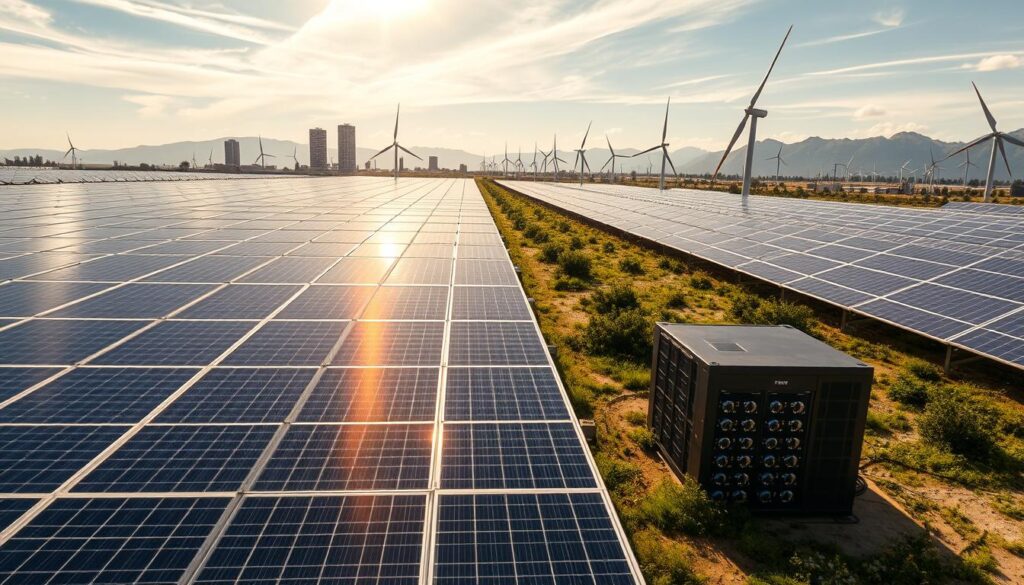 A vast solar farm, with rows of sleek photovoltaic panels stretching towards the horizon. In the foreground, a state-of-the-art cryptocurrency mining rig, its servers humming with energy-efficient computation. Sunlight filters through wispy clouds, casting a warm, golden glow over the scene. Nearby, wind turbines stand tall, their blades slowly turning, harvesting the power of the elements to fuel the mining process. The background is dotted with towering, modern buildings, showcasing the integration of renewable energy and cryptocurrency technology, a vision of a sustainable future.