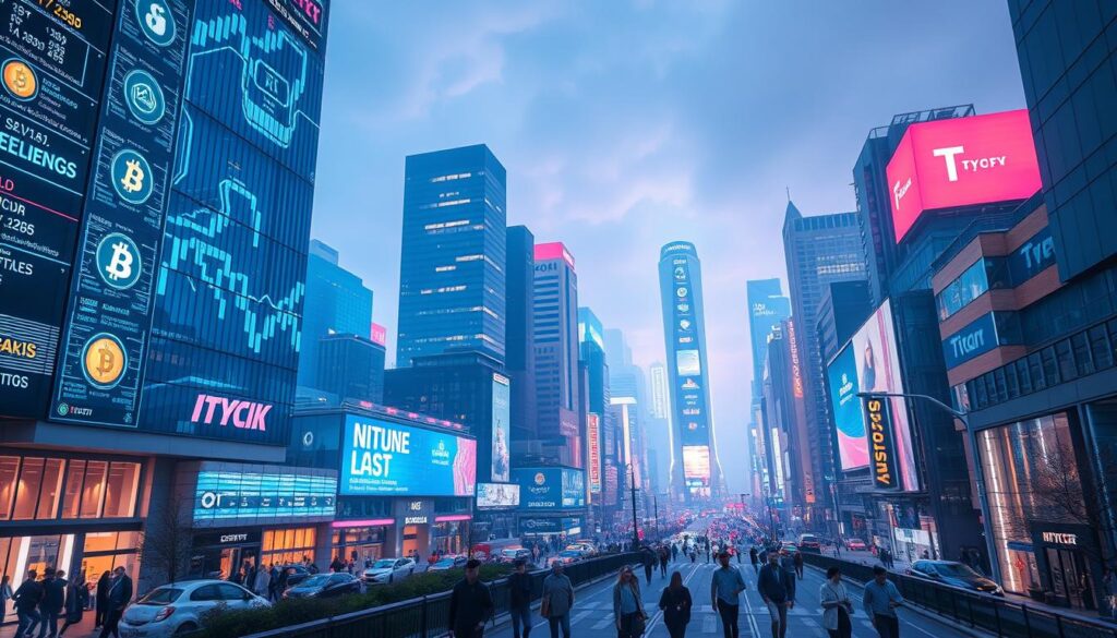 A vibrant and dynamic cityscape, illuminated by the glow of holographic projections showcasing the utility of cutting-edge cryptocurrency technology. In the foreground, a sleek and futuristic financial hub, with towering skyscrapers adorned with digital interfaces and virtual currency symbols. In the middle ground, people navigate the bustling streets, their devices seamlessly integrated with the cryptocurrency ecosystem, facilitating effortless transactions and secure data exchanges. The background is filled with a stunning, neon-lit skyline, reflecting the technological advancements and the promise of a decentralized financial future. The scene is captured with a cinematic, wide-angle lens, conveying a sense of scale and the transformative potential of cryptocurrency's practical applications.