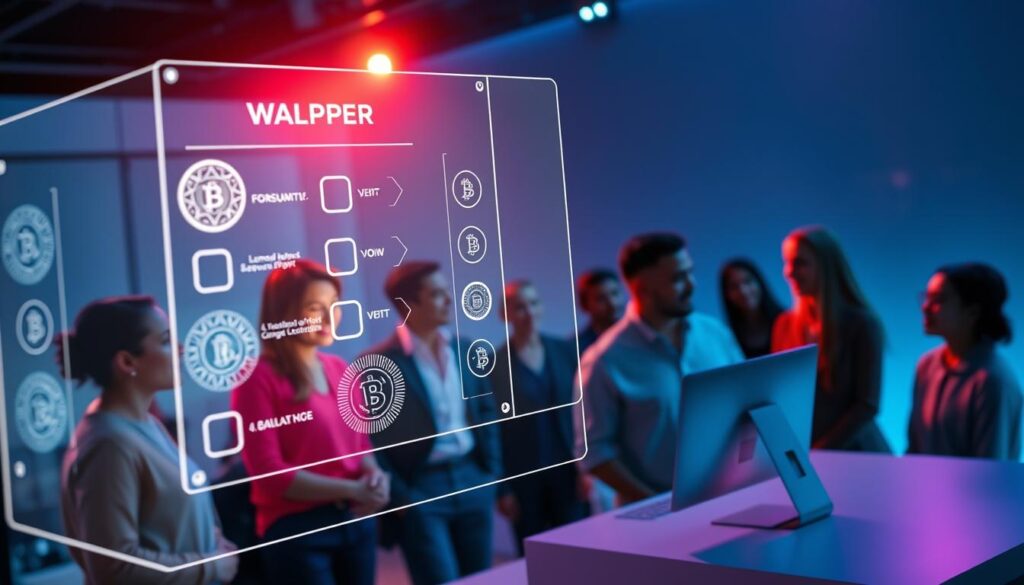 A vibrant and dynamic image showcasing a decentralized governance token voting system. In the foreground, a holographic projection displays a series of transparent voting options, each with intricate blockchain-inspired graphics. The middle ground features a diverse group of participants engaged in lively discussion, their faces illuminated by the glow of the voting interface. In the background, a sleek and minimalist control panel serves as the nexus of the system, its smooth surfaces and clean lines reflecting the cutting-edge technology at work. The overall atmosphere is one of innovation, collaboration, and a sense of empowerment within the decentralized finance (DeFi) ecosystem.