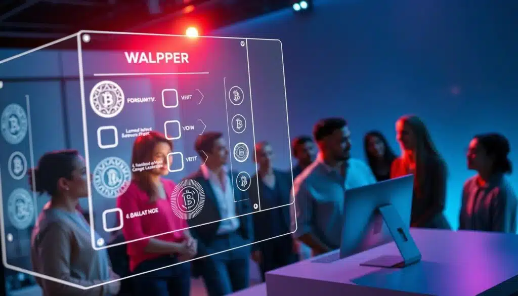 A vibrant and dynamic image showcasing a decentralized governance token voting system. In the foreground, a holographic projection displays a series of transparent voting options, each with intricate blockchain-inspired graphics. The middle ground features a diverse group of participants engaged in lively discussion, their faces illuminated by the glow of the voting interface. In the background, a sleek and minimalist control panel serves as the nexus of the system, its smooth surfaces and clean lines reflecting the cutting-edge technology at work. The overall atmosphere is one of innovation, collaboration, and a sense of empowerment within the decentralized finance (DeFi) ecosystem.