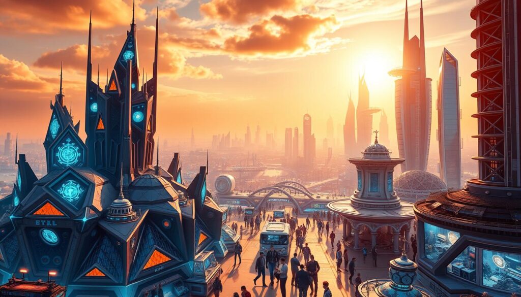 A vibrant and dynamic virtual landscape showcasing the thriving trends of the metaverse real estate market. In the foreground, a cluster of futuristic, intricately designed buildings and structures rise up, their angular facades and holographic elements reflecting the innovative nature of this digital world. The middle ground features a bustling marketplace, with digital avatars engaged in lively transactions and negotiations, hinting at the lucrative opportunities within this virtual realm. In the background, a shimmering skyline stretches out, dotted with towering skyscrapers and floating platforms, all powered by a warm, sunset-hued lighting that imbues the scene with a sense of growth and prosperity. The overall composition conveys the excitement and potential of the virtual real estate industry, inviting the viewer to explore and invest in this burgeoning digital frontier.