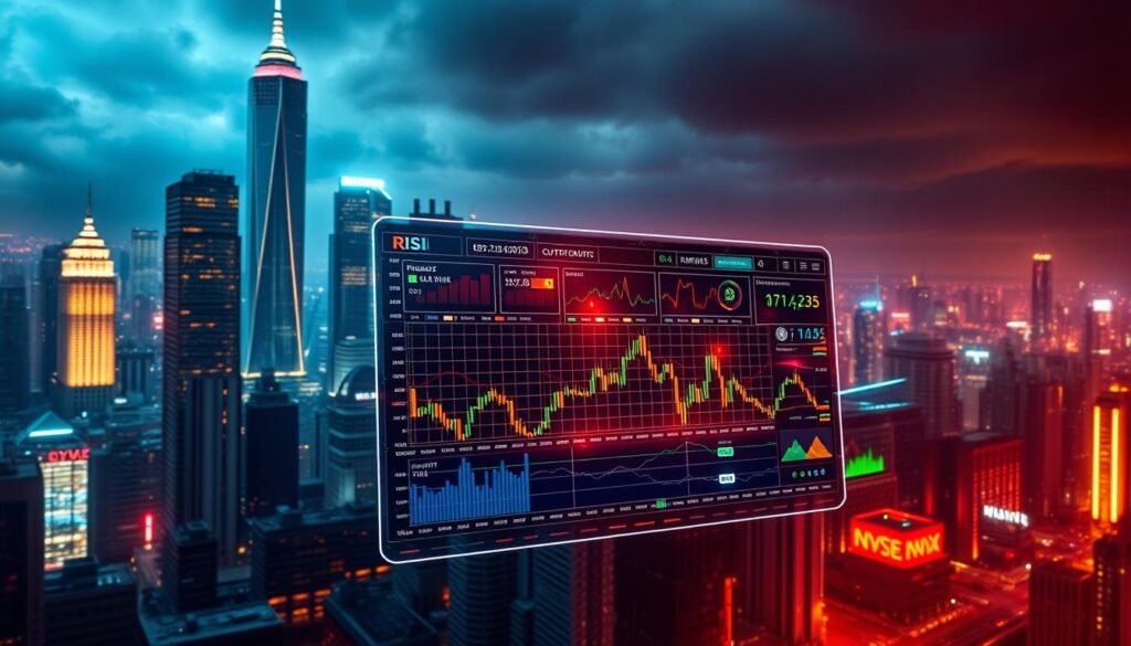 A vibrant and dynamic visualization of advanced RSI trading strategies for cryptocurrency. Set against a gritty, neon-infused cityscape, the centerpiece is a sophisticated dashboard displaying real-time RSI data and customizable trading signals. Holographic charts, graphs, and indicators float in the foreground, pulsing with energy. In the background, a towering skyscraper skyline reflects the high-stakes nature of cryptocurrency markets. The lighting is dramatic, with sharp contrasts and vivid colors evoking the intensity of advanced technical analysis. The overall mood is one of technological innovation, financial prowess, and the pursuit of alpha in the crypto trading arena.
