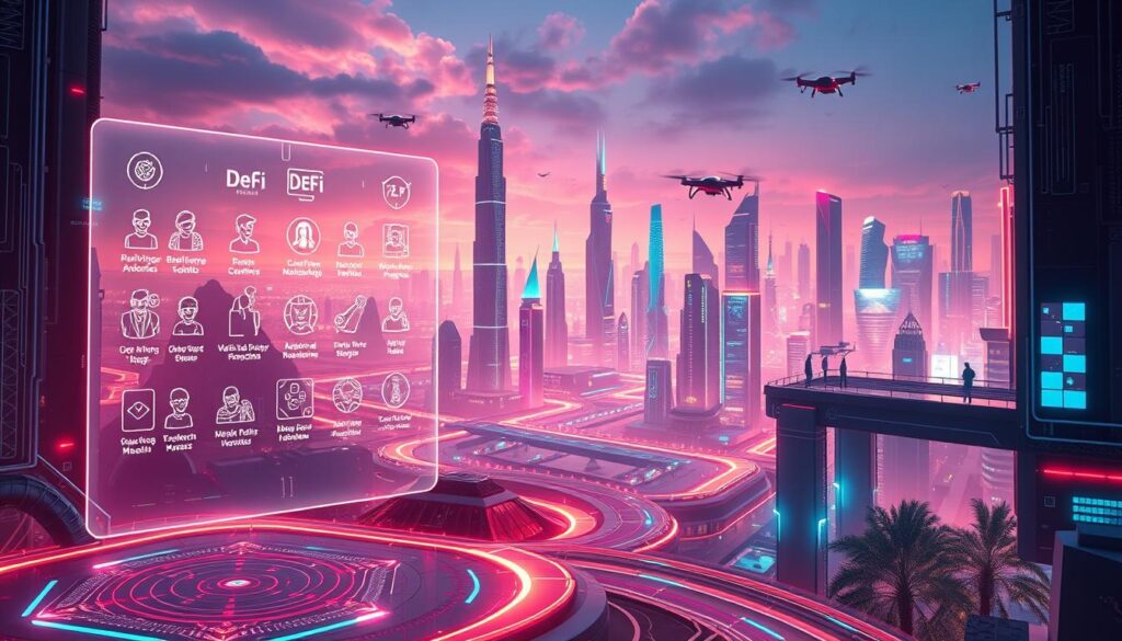A vibrant and futuristic landscape, showcasing the seamless integration of DeFi, metaverse, and real-world applications. In the foreground, a sleek and holographic interface displays various DeFi protocols, each represented by distinct digital avatars and symbols. The middle ground features a vast, immersive metaverse, with futuristic skyscrapers, floating platforms, and users interacting through their customized avatars. In the background, a dynamic cityscape blends the physical and digital realms, with autonomous vehicles, drones, and holographic displays highlighting the convergence of technology and everyday life. The scene is bathed in a warm, neon-infused lighting, creating a sense of energy and innovation. Subtle details, such as data streams and cryptographic patterns, subtly weave throughout the composition, underscoring the technological underpinnings of this DeFi-metaverse-driven ecosystem.