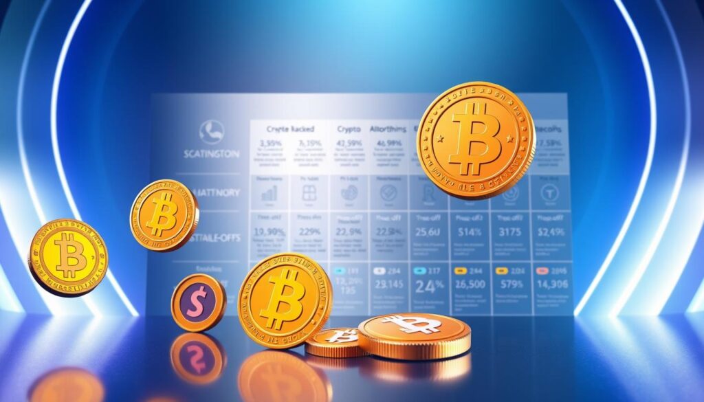 A vibrant and technical illustration showcasing the main types of stablecoins. In the foreground, various crypto tokens representing different stablecoin categories - fiat-backed, crypto-backed, algorithmic - float against a sleek, metallic backdrop. The midground features a grid of icons and infographic elements detailing the key features and trade-offs of each stablecoin type. The background bathes the scene in a cool, futuristic glow, creating a sense of innovation and financial technology. Crisp lighting and a high-quality camera lens lend a sense of precision and professionalism to the overall image.
