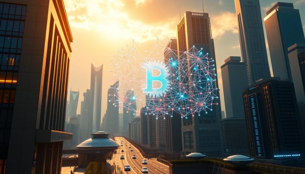 A vibrant, cinematic scene depicting the clash between traditional finance and the world of cryptocurrency. In the foreground, a sleek modern bank building stands tall, its façade gleaming under warm, golden lighting. Contrasting this, a digital hologram of a decentralized blockchain network floats in the middle ground, its intricate structures pulsing with neon-colored data streams. The background is a futuristic cityscape, where skyscrapers and hovering vehicles coexist with the ethereal glow of cryptocurrency mining rigs. The overall atmosphere conveys a sense of technological progress and innovation clashing with the established order of traditional finance.