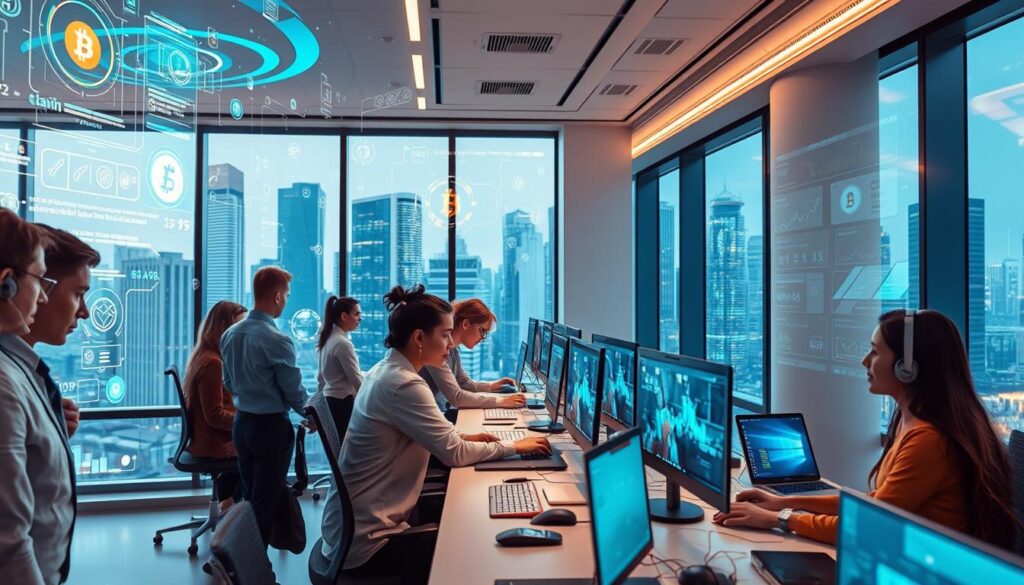 A vibrant customer service hub for the crypto world. In the foreground, a team of helpful agents tending to inquiries via live chat, phone, and email. Amidst a futuristic, tech-laden backdrop of sleek interfaces, cryptocurrency symbols, and digital asset visualizations. Pulsing blockchain data streams and holographic projections create an immersive, high-tech ambiance. Soft, warm lighting illuminates the busy workspace, conveying a sense of professionalism and attentiveness. A panoramic view through large windows reveals a bustling cityscape of towering skyscrapers, reflecting the fast-paced nature of the crypto industry. This is a customer support experience tailored for the digital asset landscape, blending human expertise with cutting-edge technology.