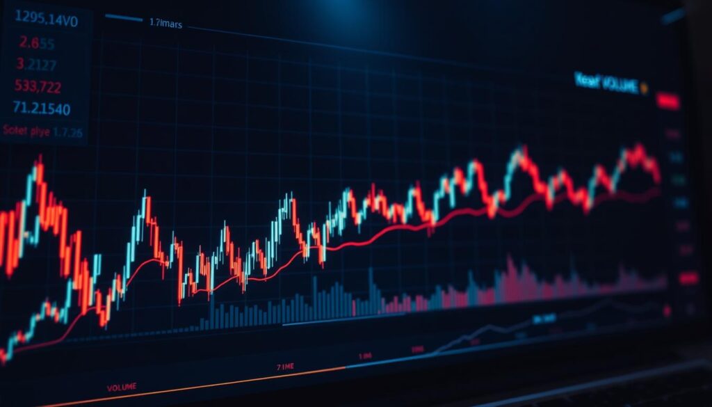A vibrant, data-driven visualization depicting the dynamic interplay between cryptocurrency trading volume and price fluctuations. The foreground showcases a detailed line graph, charting the real-time ebb and flow of trading volume, represented by bold, luminous lines that undulate across the frame. The middle ground features a striking price chart, with candlestick formations illuminating the intricate patterns of price movements. The background is a sleek, minimalist interface, with subtle grid lines and muted color accents, creating a sense of technological sophistication. Dramatic, high-contrast lighting casts dramatic shadows, emphasizing the depth and complexity of the data. The overall composition conveys a powerful, data-driven narrative, highlighting the vital role of volume and price dynamics in understanding cryptocurrency market behavior.
